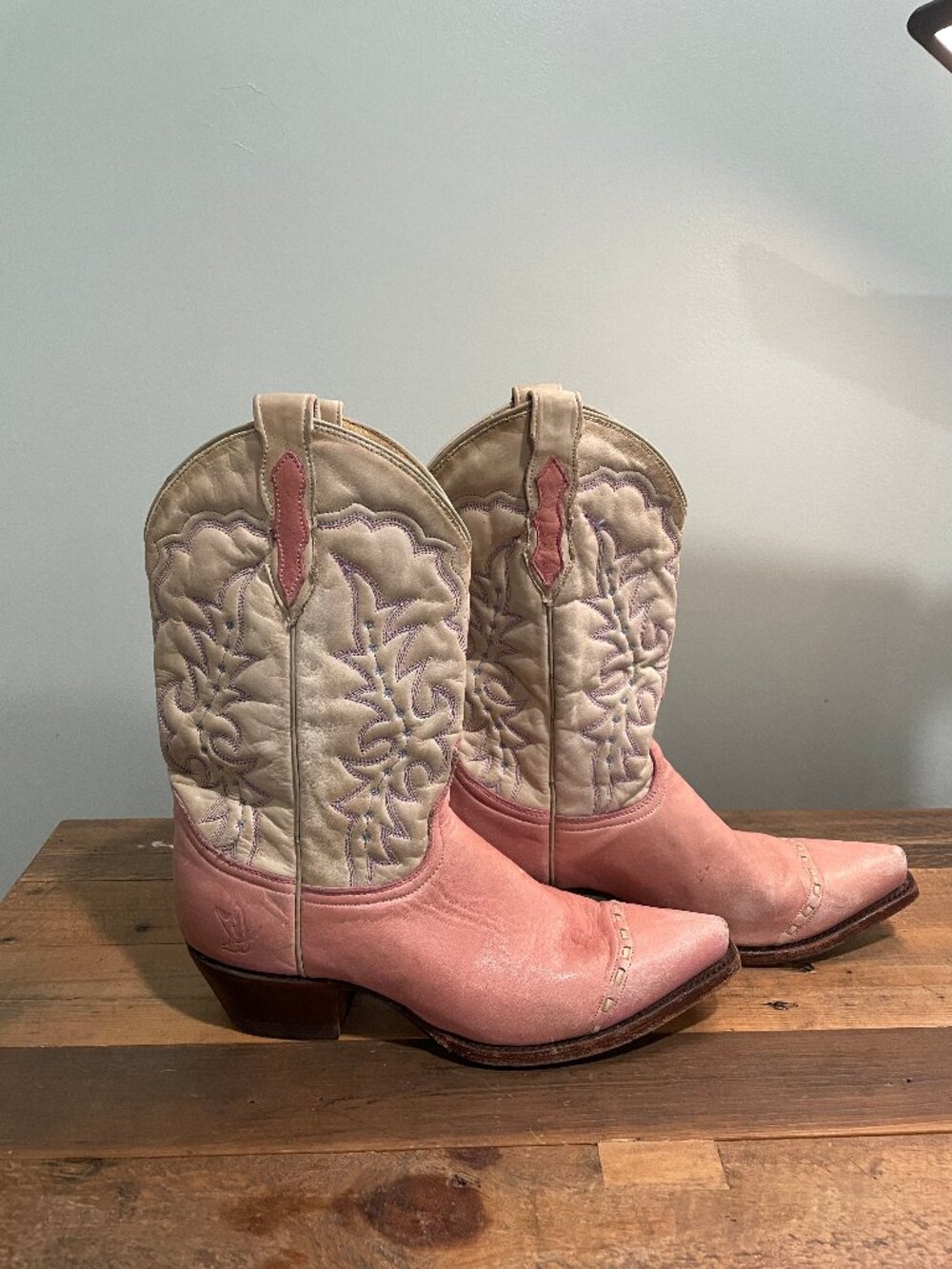 Vintage Pink & Cream Leather Cowboy Boots Western Snip Toe Size 7.5